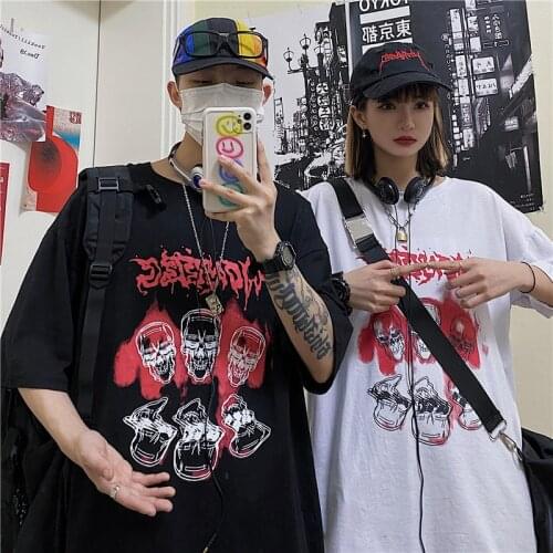 Harajuku Women T-Shirt Anime Print Korean Streetwear Summer Black Loose Top Hip Hop Short Sleeve Cotton Vintage Dark Y2K Clothes