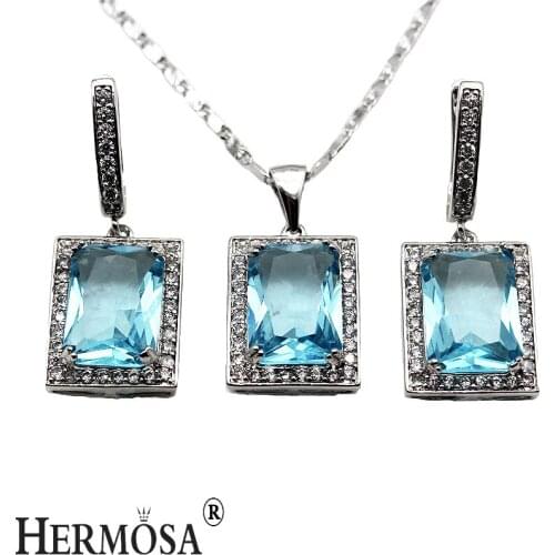 Hermosa Mystic Sky BlueTopaz Jewelry Sets Silver Color Earrings Pendant Necklace Set Fashion Women Party Gift Prom Hot