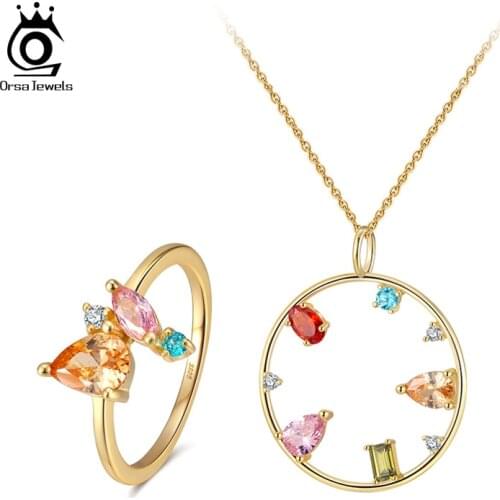 ORSA JEWELS Exquisite Multi-Color 925 Silver Jewelry Set Gold Color Ring Necklace with Cubic Zircon 4A Woman Jewelry Gift OSS101