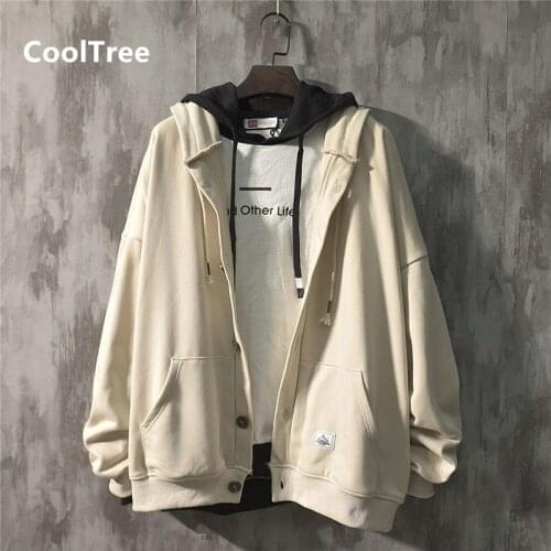 CoolTree Men Casual Jacket Spring Autumn Solid color Single-breasted Hooded Coats Couple Loose Outerwear Oversize Cardigan Tops