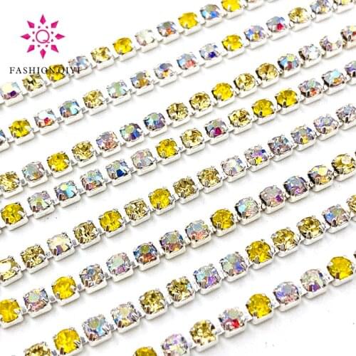 Hot selling 5 yards Lemon yellow/Light yellow/WhiteAB 2mm-3mm silver base glass rhinestones cup chain diy clothing accessories