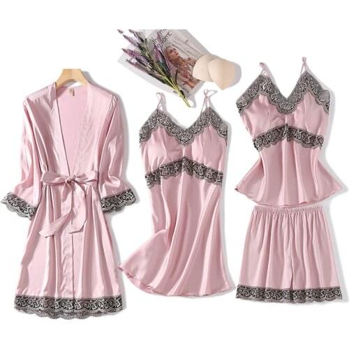 Spring Summer New Sexy Nightdress Womens with Chest Pads Nightgown Thin 4Pcs Sling Gown Home Wear Sleepwear Sets Sexy Robe