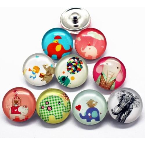 New Arrival 10pcs/lot Elephant Glass Snap Buttons Lovely Cartoon Snap Button Animal Fit 18mm DIY Snap Bracelet Jewelry