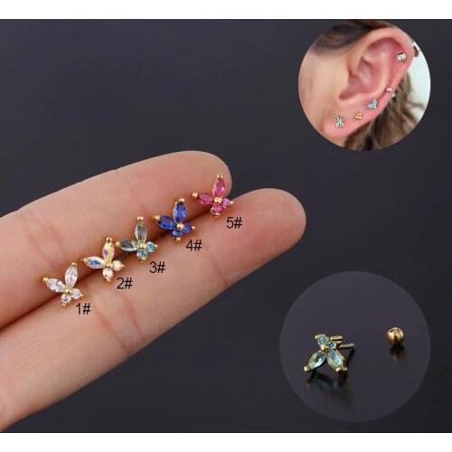 1PC CZ Rainbow CZ Gold Butterfly Stud Earrings for Women Ear Bone Tragus Rook Conch Helix Piercing Cartilage Labret Jewelry