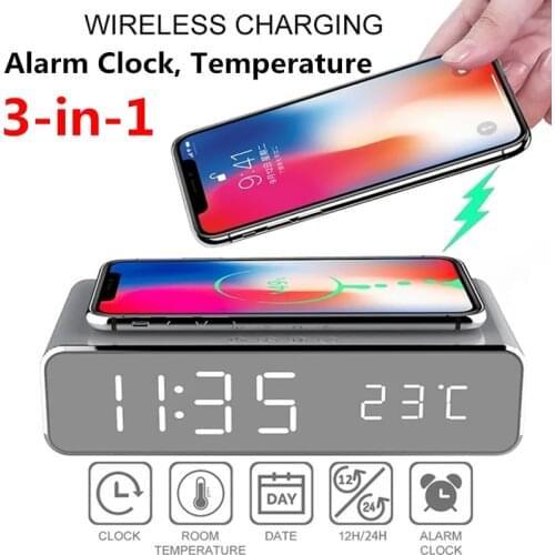 USB Digital 12/24H LED Desk Alarm Clock Wireless Charger For Samsung for Xiaomi for Huawei for iPhone 8 X for Apple Thermometer