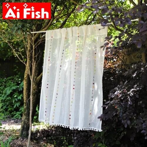 Embroidered Colorful Rainbow Stripe Tulle Half Curtains Kitchen Sliding Door Partition Cotton Linen Short Voile Curtain Panel #5