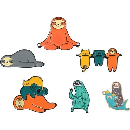 Fun Animal Sloth Series Badges Brooches Cute Nickname Flash Denim Enamel Lapel Pins Gifts For Fans Friends Jewelry Wholesale