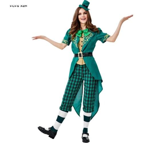Green Magician Tuxedo Women Halloween Ireland Fairy Traditional Costumes Irish Leprechaun Elf Cosplay Purim Carnival Party Dress