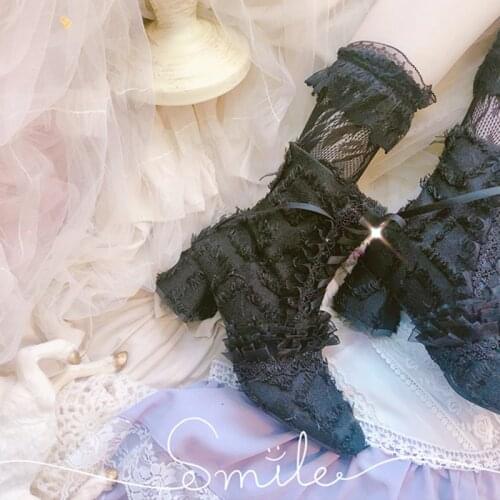 Dark lace up booties pointed high-heel womens shoes boots lolita vintage lace bowknot bandage kawaii shoes cosplay loli women