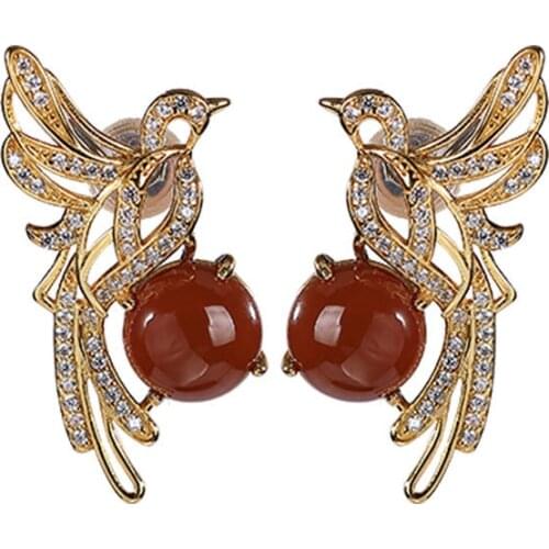 S925 sterling silver gold-plated southern red agate stud earrings personality affordable luxury refined grace Magpie womens