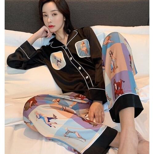 Long-sleeve Silk-like Pyjamas Women Cartoon Printing Pajamas Plus Size Autumn Turn-down Collar Sleepwear Two Piece Home Clothes