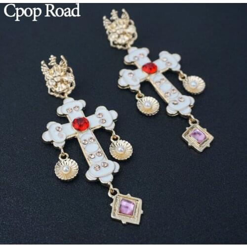 Cpop Big Gold Vintage Gothic Earrings Women Red Glass Long Cross Dangle Drop Earring Vintage Jewelry Stainless Steel Accessories