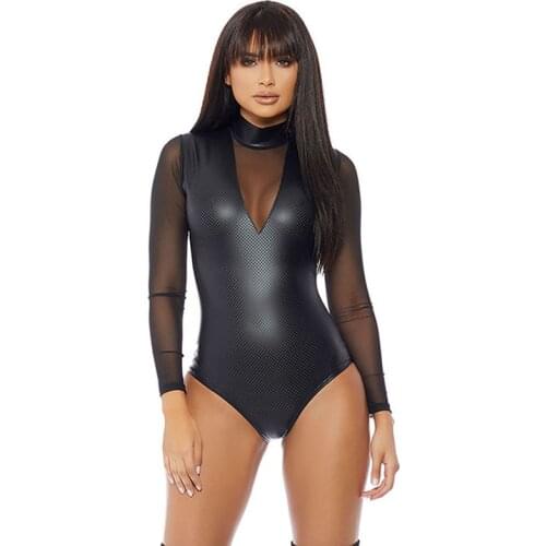 Women Back Zipper Romper Long Mesh Sleeve Bodysuit Sexy Faux Leather Hollow Out Bodycon Black Jumpsuit Party Clubwear Bodysuits