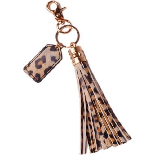 Rainbery 2021 Leopard Monogram Leather Tassel Women Keychain Bag Pendant Alloy Car Key Chain Ring Holder Retro Jewelry