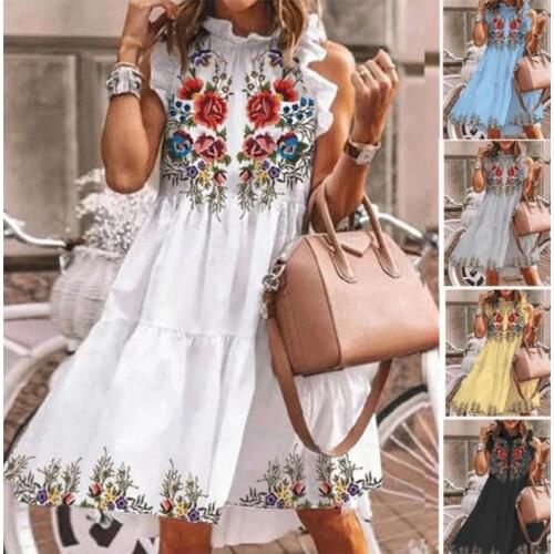 2021 New Plus Size Womens Summer Dress Retro Lace Print Ruffled Womens Military Style Casual Midi Skirt