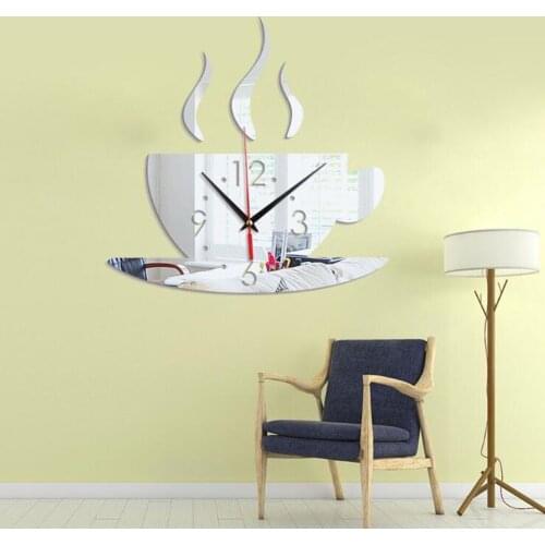 3D DIY Sticker Wall Clock, Mirror Effect Coffee Cup Shaped Large DIY Wall Clock for Living Room Bedroom Office, Easy to Install