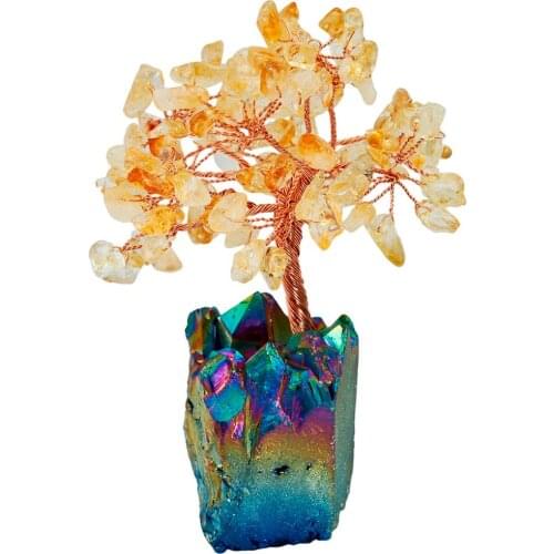 4 Inch Natural Yellow Crystal Money Tree,Rainbow Aura Titanium Crystal Cluster Base Bonsai Figurine for Wealth and Luck