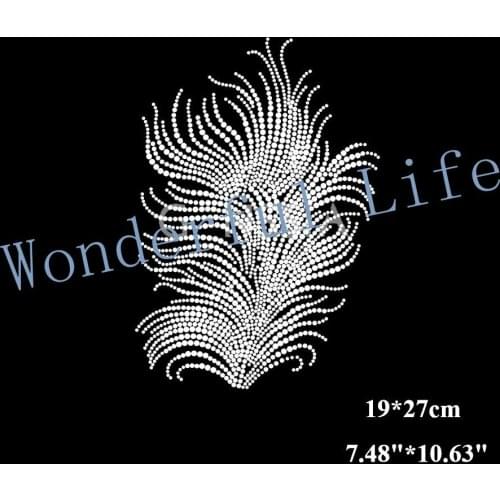 Free Shipping Stylish feather hotfix rhinestones Heat transfer design iron on motifs