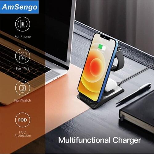 Amsengo 3 in 1 Qi Wireless Charger Stand For iphone 12 11 Pro Max Apple Watch 6 5 4 3 Airpods Pro Fast 15W Charging Dock Station