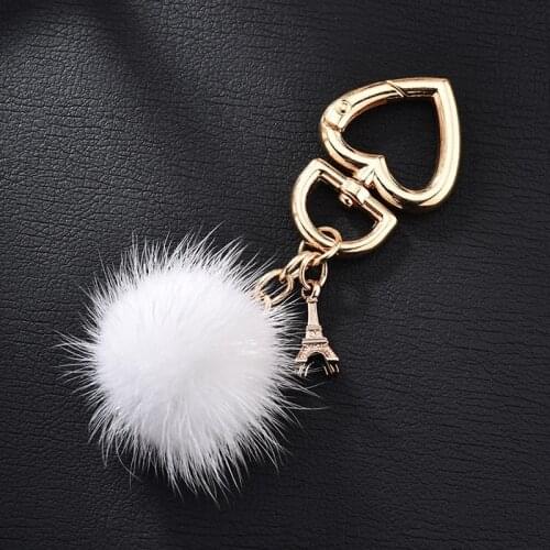 Eiffel Tower New Fashion Fake Rabbit Ball Metal Keychain Lover Car Keyrings Jewelry Gift Heart Fur Pompom Keychain For Women