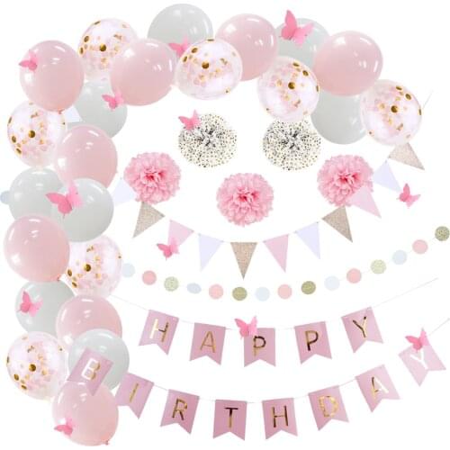 Birthday Party Decoration Girl KIds Pink Spring Theme Butterfly Wall Sticker Artificial Flower Paper Pom Flower Birthday Balloon