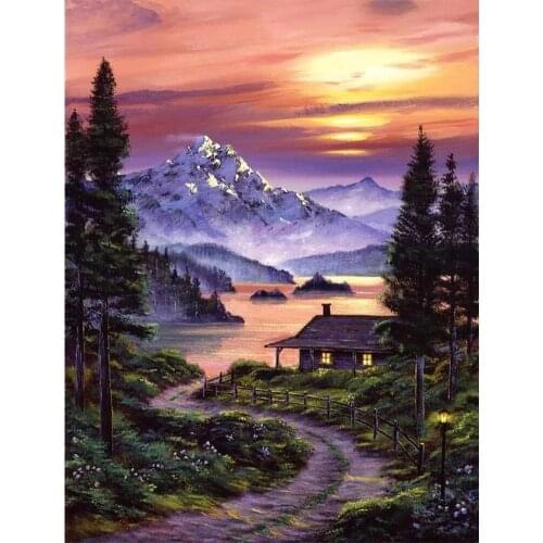 DIY 5D Diamond Painting Mountain Lake Trees Cabin, Full Drill Rhinestones Paint with Diamonds embroidery Crystal decor Art E1508