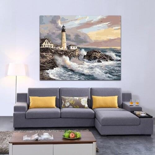 DIY colorings pictures by numbers with Seaside landscape picture drawing Relief painting by numbers framed Home