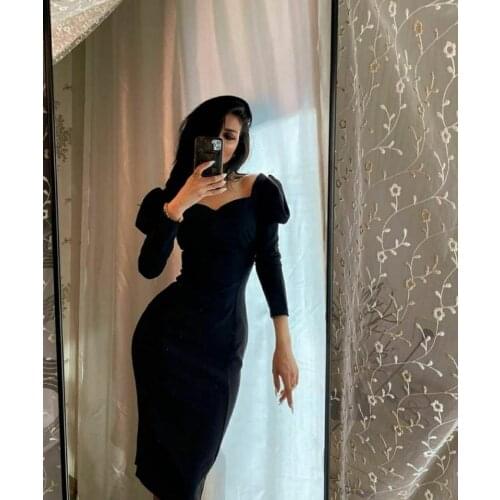 Elegant Long Sleeve Black V-Neck Evening Dresses with Sleeve Zipper Back Bodycon Formal Party Dress for Women