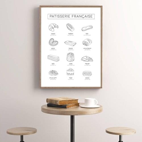 French Pastry Line Art Print Black White Patisserie Drawing Canvas Painting Dessert Kitchen Wall Decor Picture Minimalist Poster