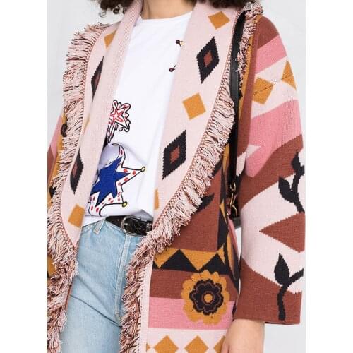 Jastie Womens Sweater Cardigan Flower Stitching Pattern Tassel Decoration Lapel Cardigan Coat New Autumn Winter Sweater 2021