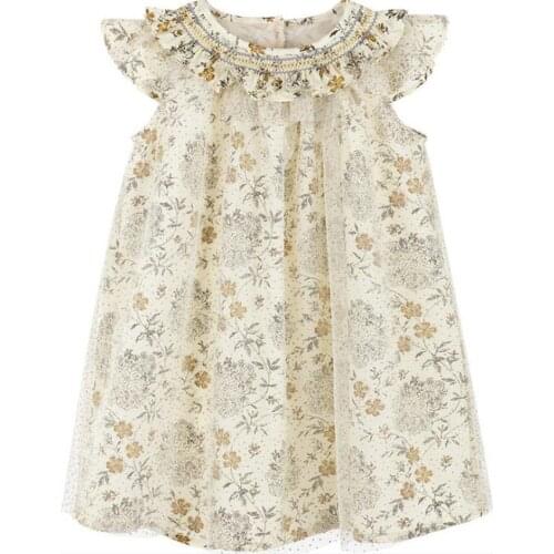 Baby girl summer vintage floral smocked princess dress kids mesh stitching sweet cotton birthday party dress
