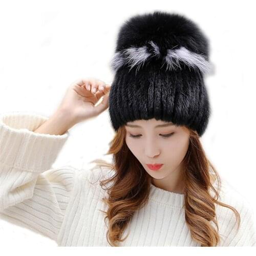 2019 Hot Fashion Ladies Mink Fur Hat Style Fur Hat With Fox Plush Ball Woven Hat Ladies Out Warm Cap
