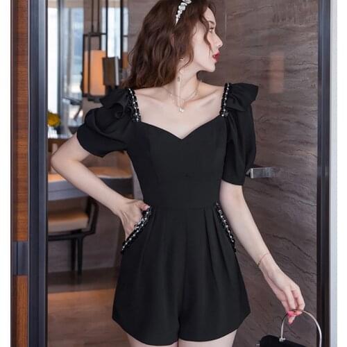 Fashion Summer Casual Vintage V-Neck Puff Sleeve Jumpsuits Women Elegant Pocket Ruffle High Waist Wide Leg Pants Shorts Playsuit