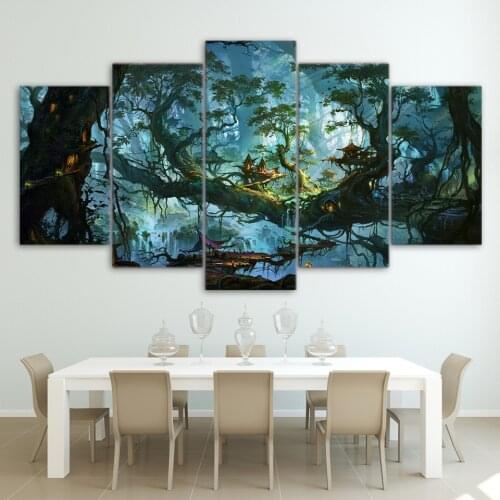 Canvas Painting Wall Art Modular HD Printed 5 Pieces Fantasy Houses Magic Forest Night Pictures Tree Poster Home Decor Framework