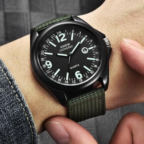 Military Mens Quartz Wrist Watch Fashion Black Dial Green Woven Nylon Band Watches Date Sports Casual Male Watch Relógios
