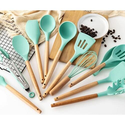 Kitchenware Set Wooden Handle Silicone Nonstick Hot High Temperature Silicone Spatula Kitchen Utensils Green 11 Piece Set