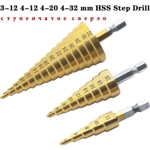 3pc Hss step drill bit set cone hole cutter Taper metric 4 - 12 / 20 / 32mm 1 / 4 " titanium coated metal hex core drill bits