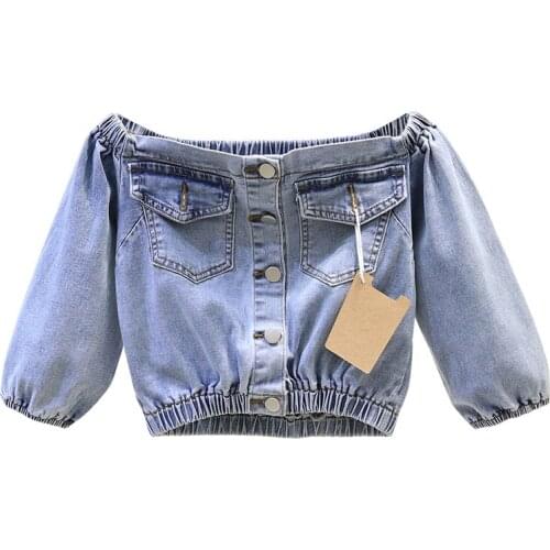 2020 summer new womens denim Tops fashion Korean short one-shoulder strapless denim coat female thin cardigan wild jackets