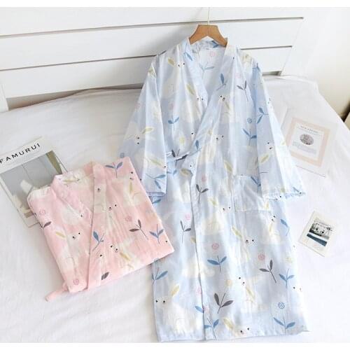 New Japanese Kimono Robe Ladies Spring And Summer Cotton Gauze Thin Cartoon Bathrobes Steaming Pajamas Night Robe Home Service