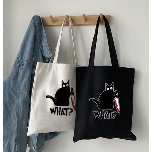 Cat cartoon casual female fashion canvas cartoon Harajuku punk Ulzzang spoof letter cute ins school fun hip hop shoulder bags