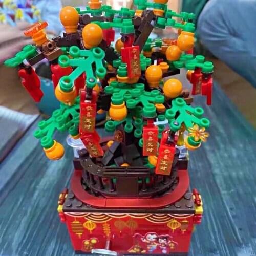 QL0987 New Year Rich Orange Tree Building Blocks With Light Christmas Tree 3D Modle Bricks Music Box Toys For Boys Gift 556PCS
