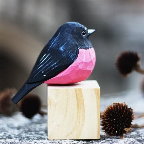 Wood carving pink flycatcher handmade decoration black bird peach blossom home ornaments