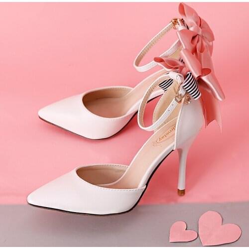Pink girly pointed toe thin shallow high-heeled shoes with sweet bow-knot buckle hollow female stiletto sandals