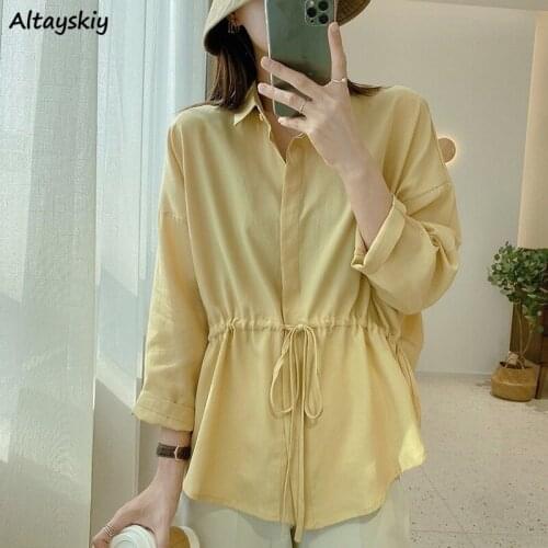 Shirts Women Elegant Solid Shirring Office Lady Summer Harajuku Loose All-match Casual Turn-down Collar Fashion Popular Tops Ins