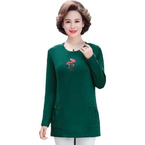 Plus Size 5XL Flower Embroidery Tops Long Sleeve T-Shirts Spring Fall Women Pullover Middle Age Mother Bottom Shirt