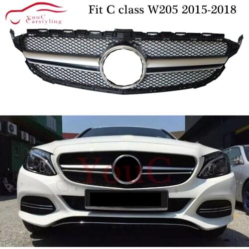 W205 AMG Grille Front Bumper Silver Grill Mesh for Mercedes C W205 2015 - 2018 C180 C200 C250 C300 C350 with AMG package