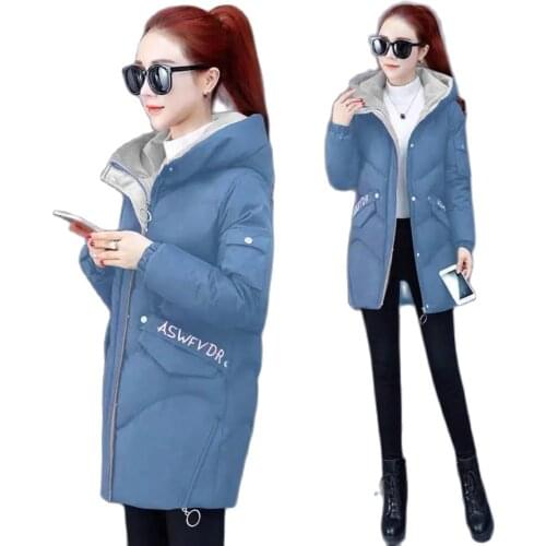 Printing Female Outerwear Medium Long Section 20211 New Loose Thicken Down Cotton Clothes Color Contrast Coat Ms Cotton Jacket