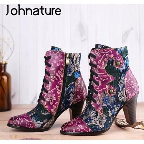 Johnature 2020 New High Heels Boots Women Shoes Genuine Leather Mixed Colors Handmade National Style Zip Winter Platform Boots