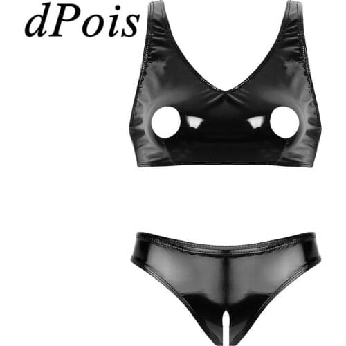 2Pcs Women Wet Look Patent Leather Lingerie Set Open Nipples Hole Design Bra Top with Low Rise Open Crotch Mini Briefs Underwear