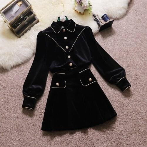 Ladies thick gold velvet suit 2020 winter new single-breasted shirt pleated skirt two-piece female